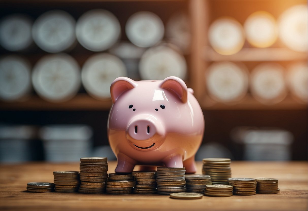 A piggy bank sits on a shelf, surrounded by stacks of coins and dollar bills. A calendar on the wall marks the countdown to a savings goal