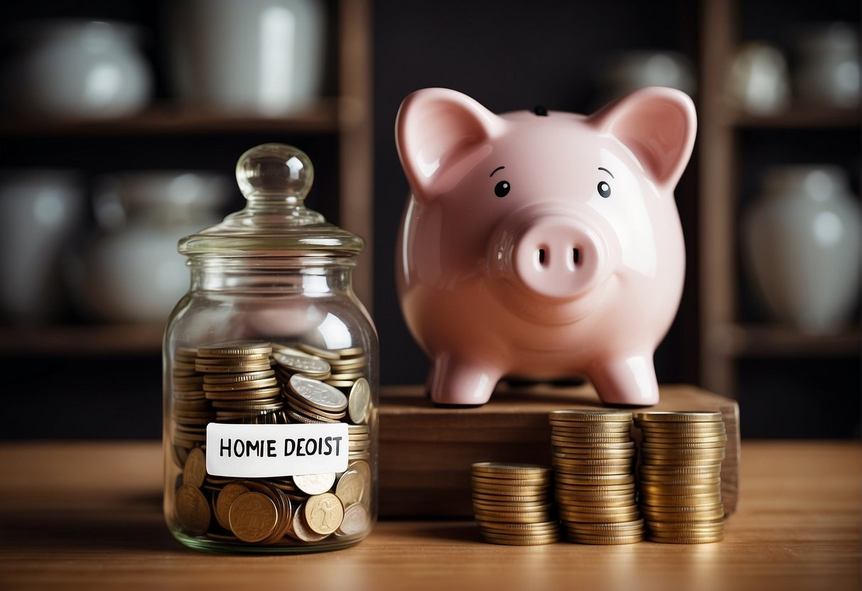 A piggy bank sits on a shelf next to a stack of coins and a jar labeled "home deposit." A chart showing different savings strategies hangs on the wall