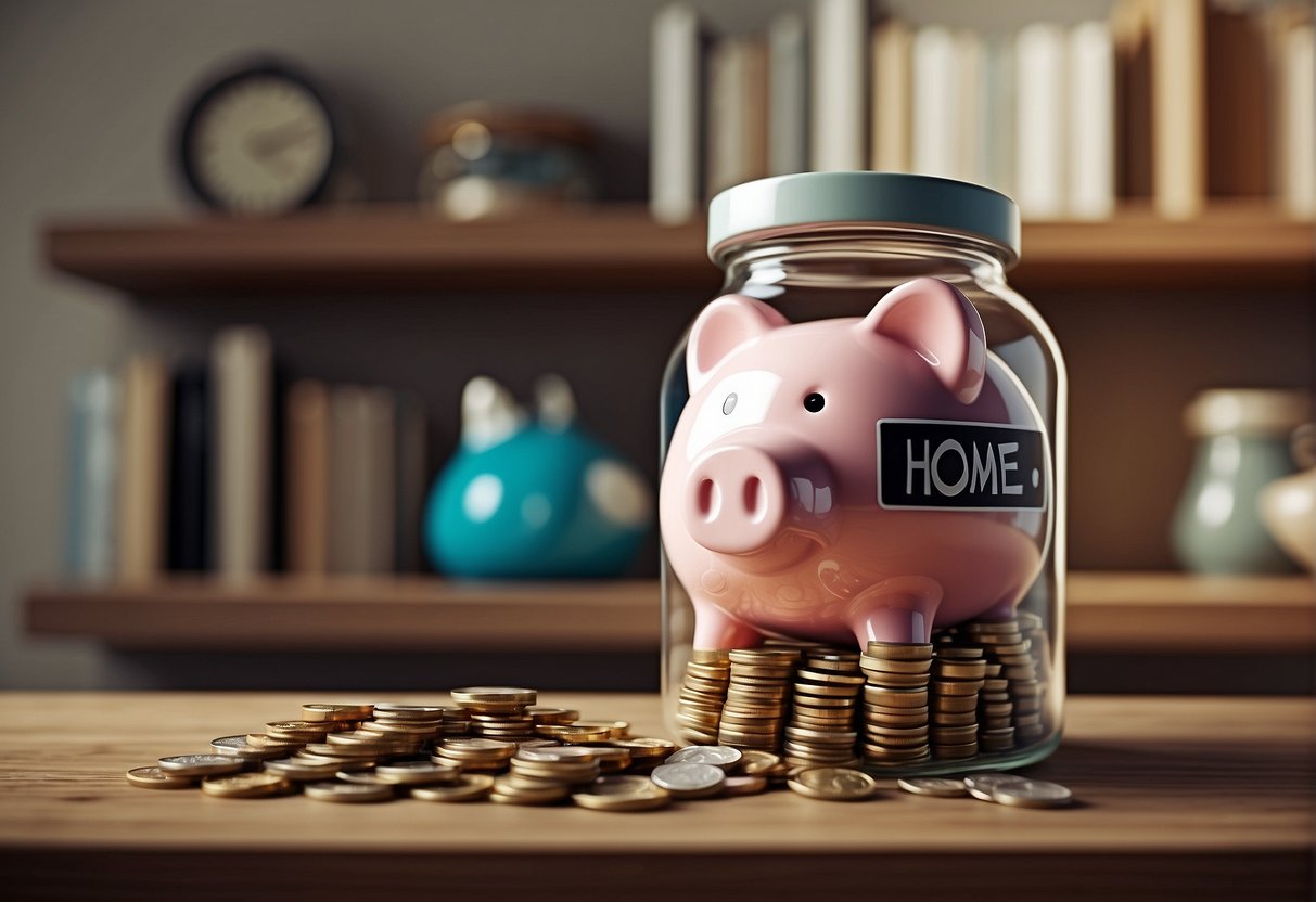 A piggy bank sits on a shelf, overflowing with coins. Beside it, a jar labeled "home deposit" is filled with bills and loose change. A chart on the wall tracks progress towards the savings goal