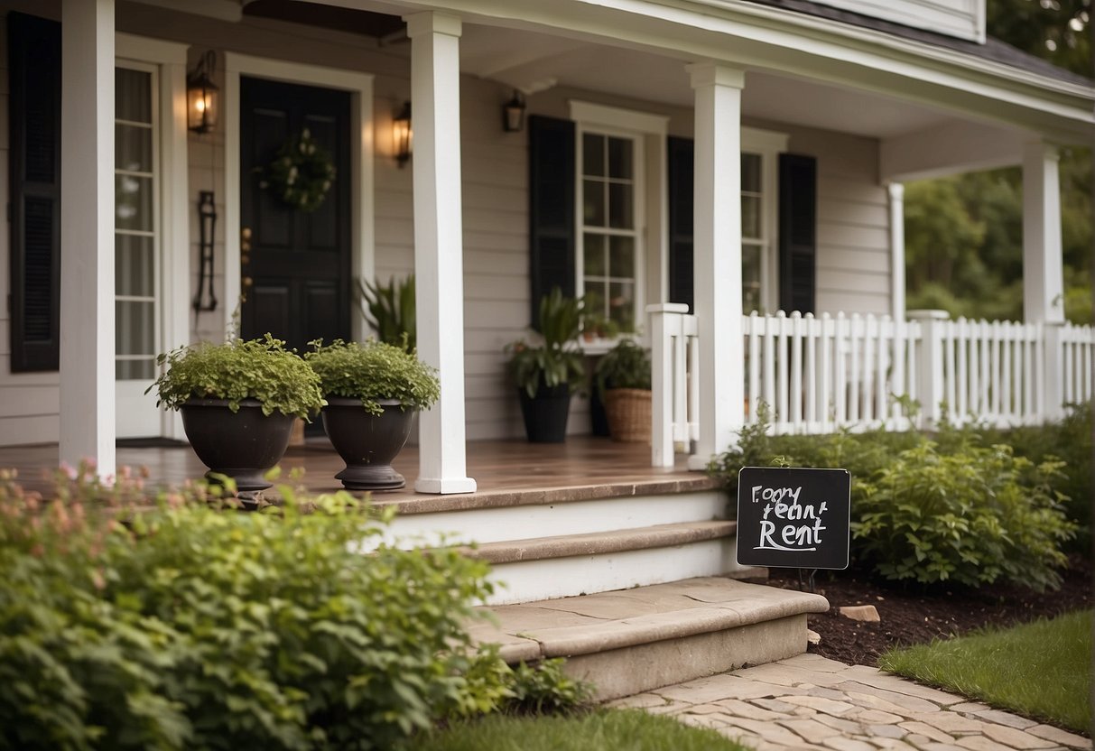 A cozy house with a "For Rent" sign out front, surrounded by a well-maintained garden and a welcoming front porch