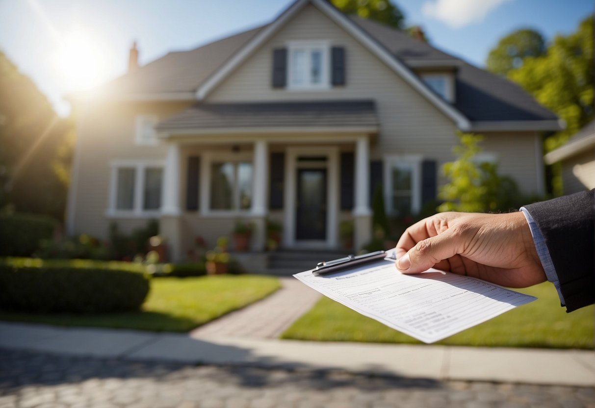 A person standing in front of a house, holding a calculator and looking at a list of expenses and income related to the property