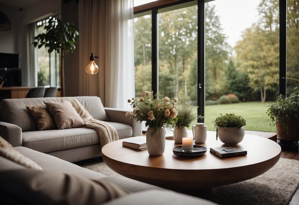 A cozy living room with a modern sofa, a stylish coffee table, and a large window overlooking a peaceful garden