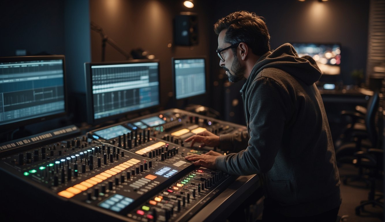 A filmmaker adjusts a sound mixer, surrounded by various instruments and audio equipment, while a screen displays scenes from a film