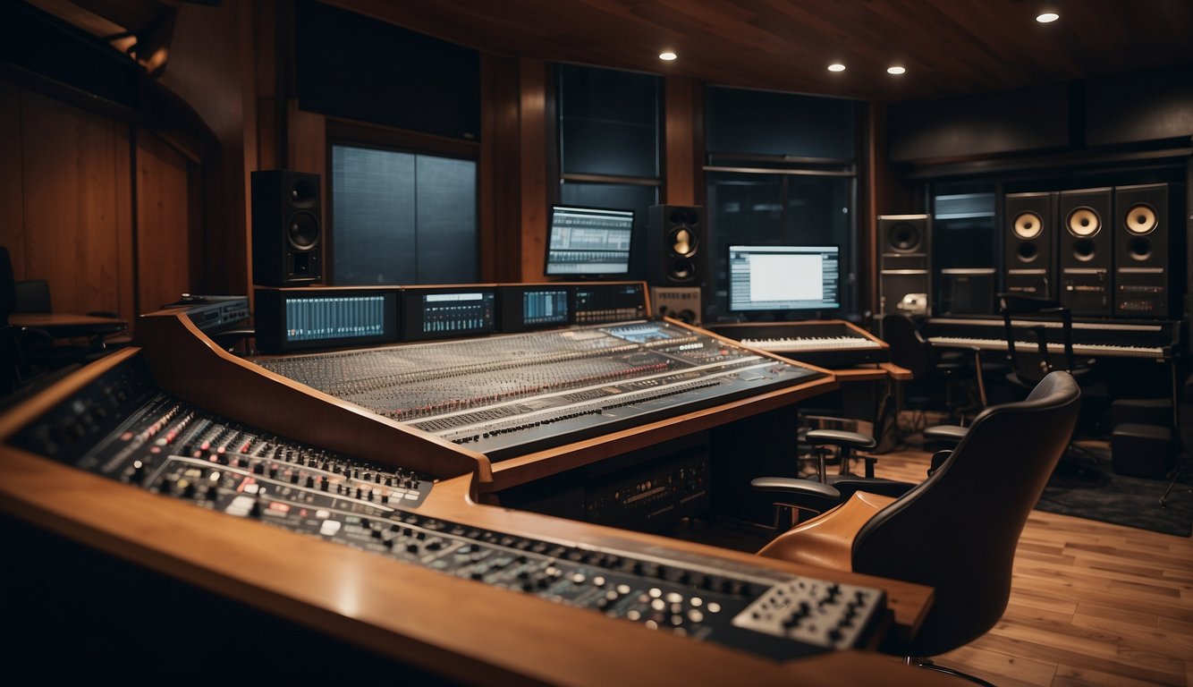 A recording studio with soundproof walls, mixing boards, and musical instruments. A film director and sound engineer collaborate on a soundtrack for a movie