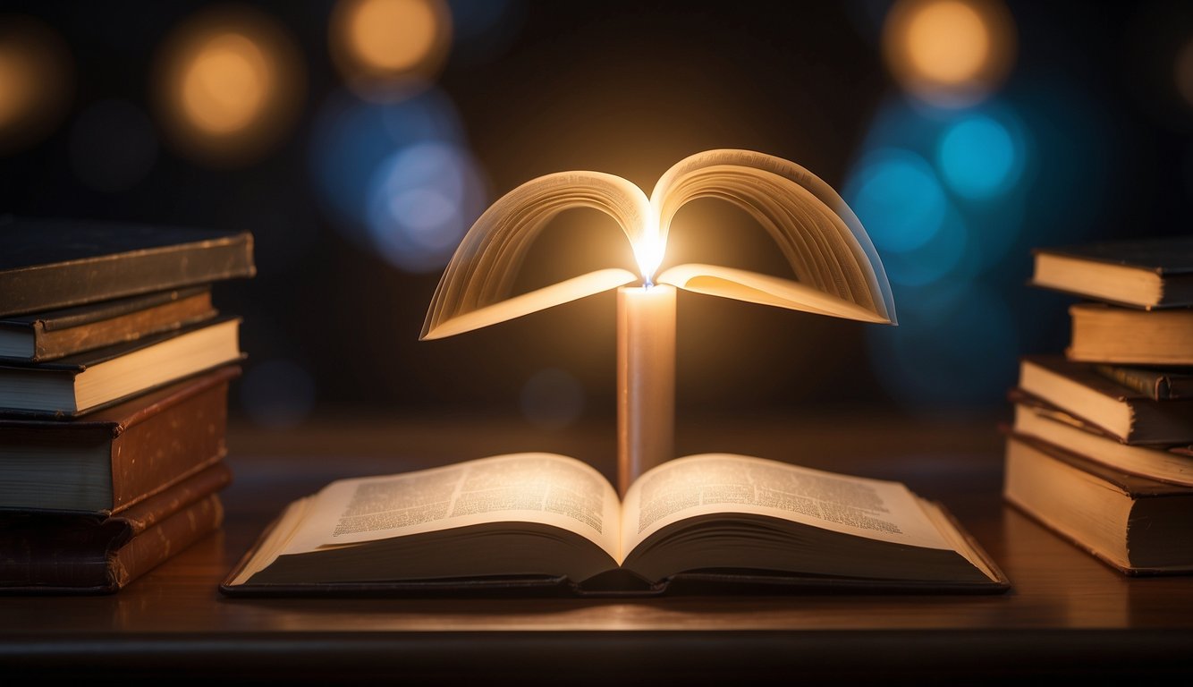 A person studying two books, one titled "Speaking in Tongues" and the other "Gift of Tongues." Both books are open and surrounded by a glowing light, representing the understanding of the concepts