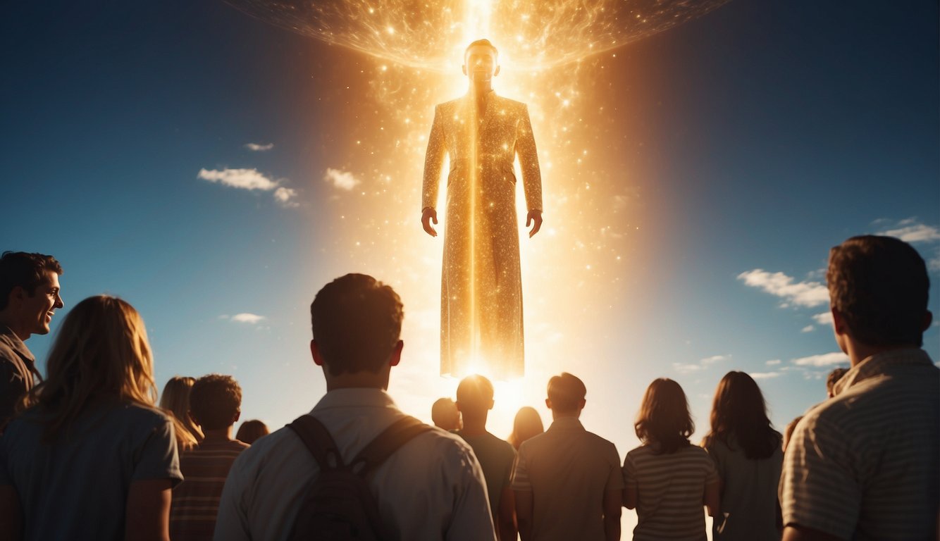 A glowing figure descends from the heavens, surrounded by a radiant aura. Below, a group of people stand in awe, their mouths agape as they witness the divine manifestation