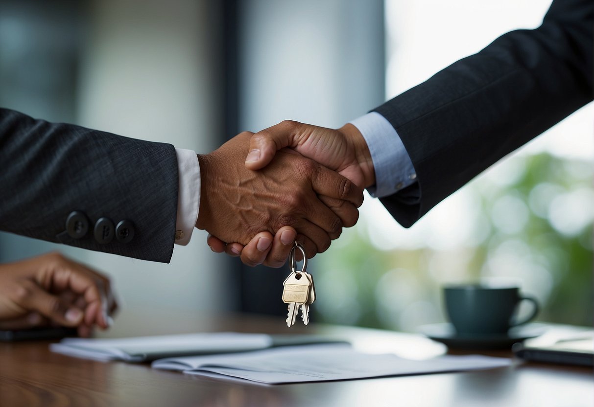 A handshake between a seller and buyer, exchanging keys and documents, symbolizing vendor finance agreement