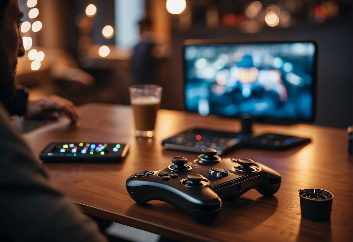 A gaming coffee table with built-in controllers and cup holders, surrounded by friends playing video games and enjoying drinks