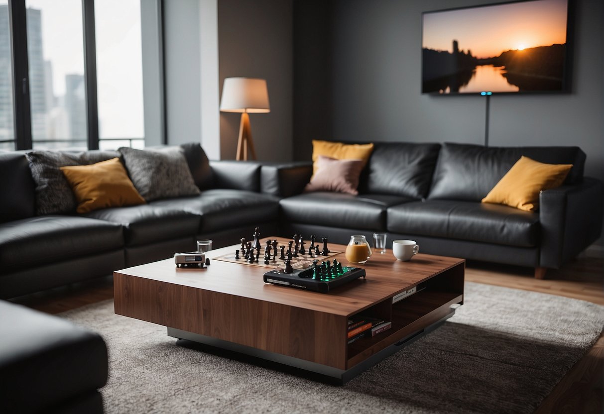 A modern living room with a sleek, low-profile gaming coffee table surrounded by comfortable seating. The table features built-in storage for board games and controllers, with a large, smooth surface for playing digital games
