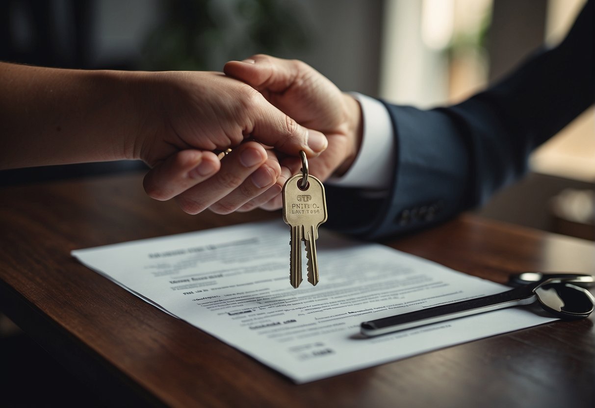 A house key and a contract on a table. A smiling seller and a hesitant buyer. Money exchanging hands