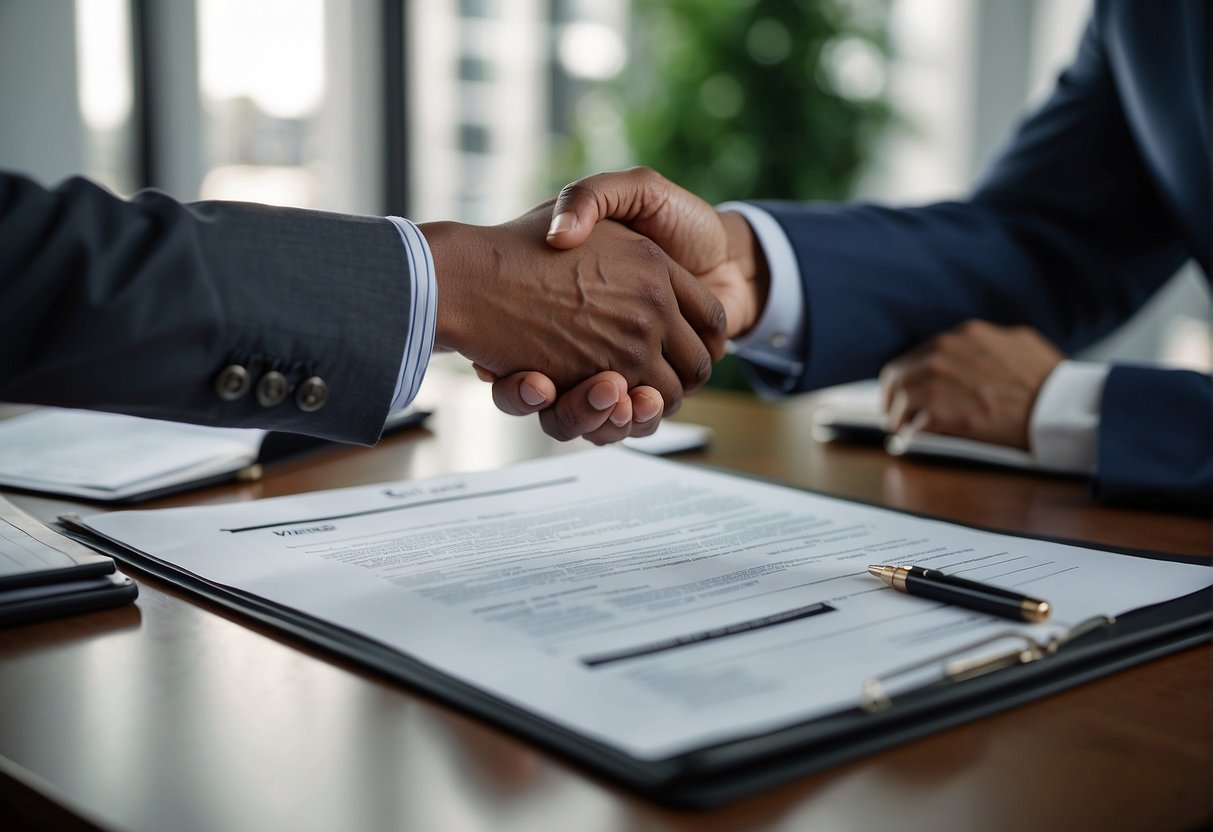 A vendor and a buyer shaking hands over a signed finance agreement. Tables and chairs in the background, with documents and pens scattered on the table