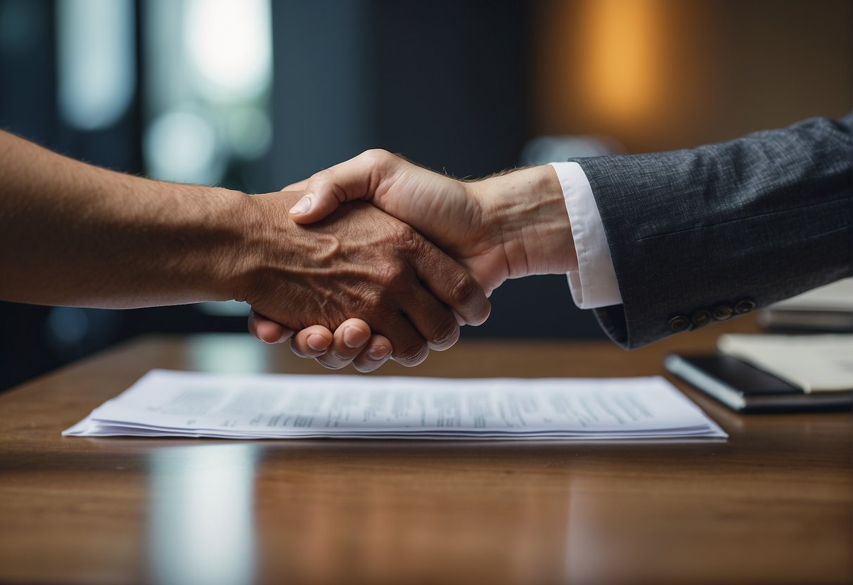 A business owner and a vendor shaking hands over a contract, with a stack of money and business assets in the background