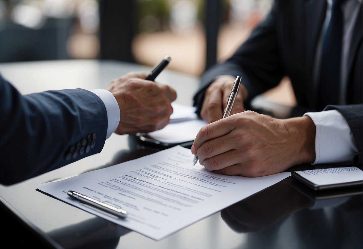 A person signing a contract with a vendor, displaying consumer protection resources and information