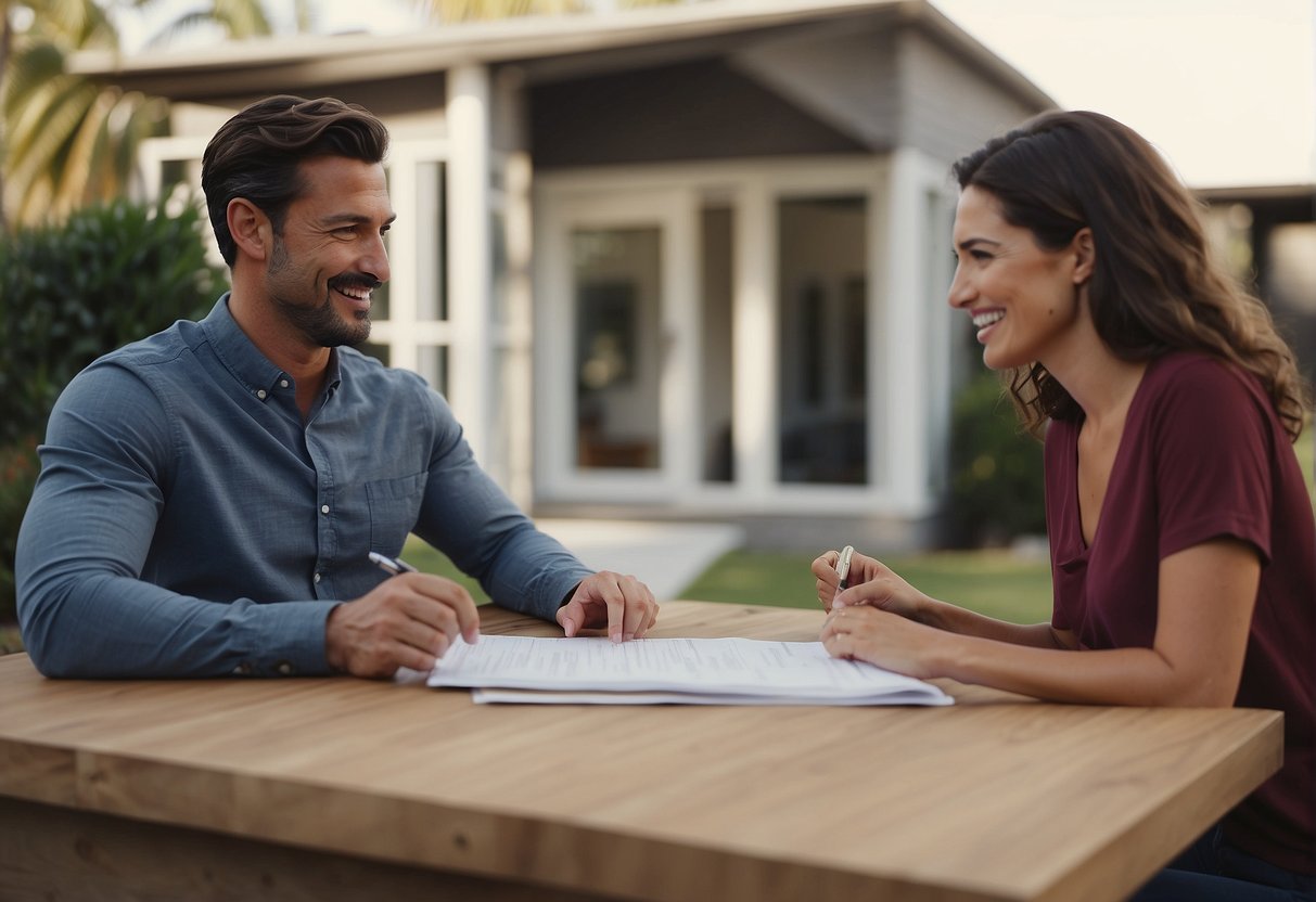 A smiling couple signs paperwork in a real estate office, keys in hand, as a sold sign is placed in front of a charming new home