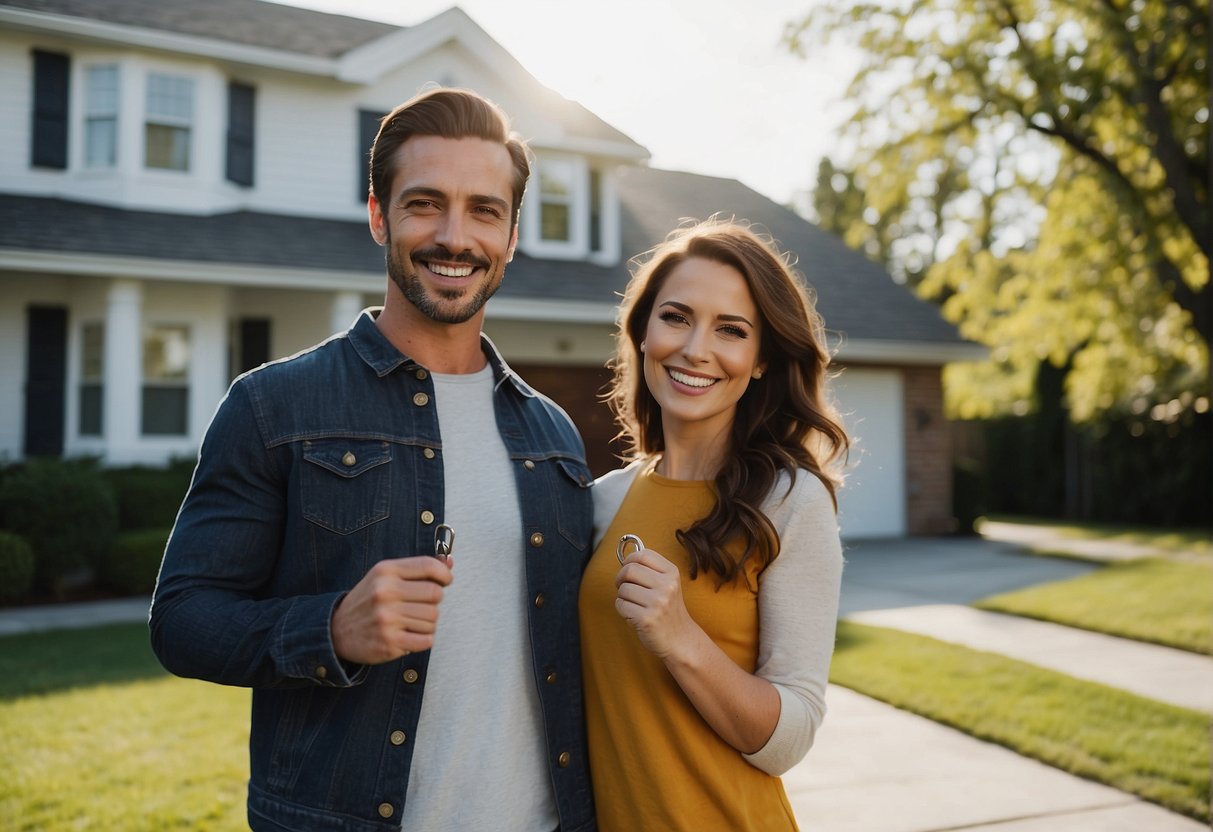 A smiling couple stands in front of a charming house, holding a set of keys. A "Sold" sign sits on the front lawn, and a moving truck is parked in the driveway