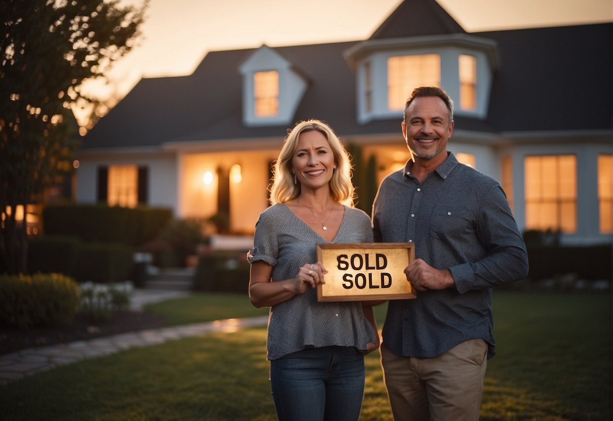 A couple stands outside a charming house, holding a "sold" sign. The sun sets behind the property, casting a warm glow on the scene