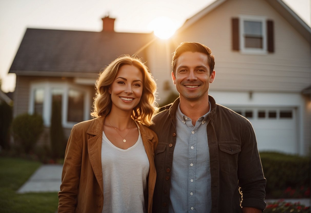 A smiling couple stands in front of a newly purchased house, holding a set of keys. The sun is setting, casting a warm glow over the neighborhood. A "Sold" sign is visible in the front yard