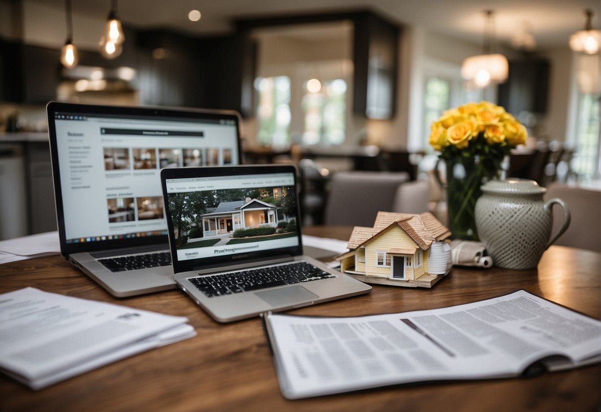 A new homeowner sits at a table, surrounded by paperwork and a laptop. They are researching home insurance options and comparing mortgage rates. A stack of home decor magazines sits nearby, as they consider their next steps in making the house their own