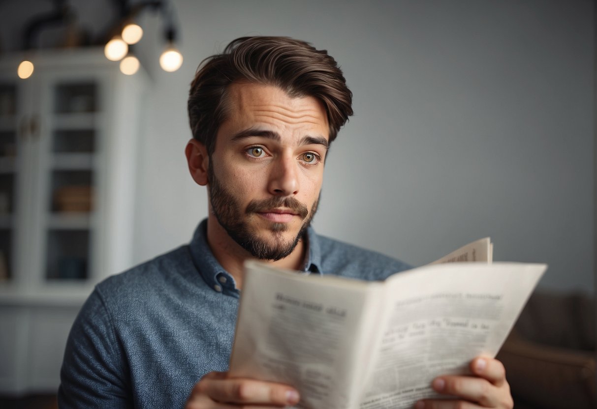 A person reading a list of frequently asked questions about buying a house, with a puzzled expression on their face