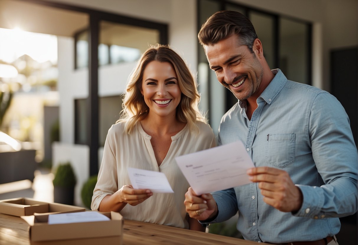 A couple excitedly receives a letter confirming their approval for the first home buyers grant in NSW, with a smiling real estate agent handing over the keys to their new home