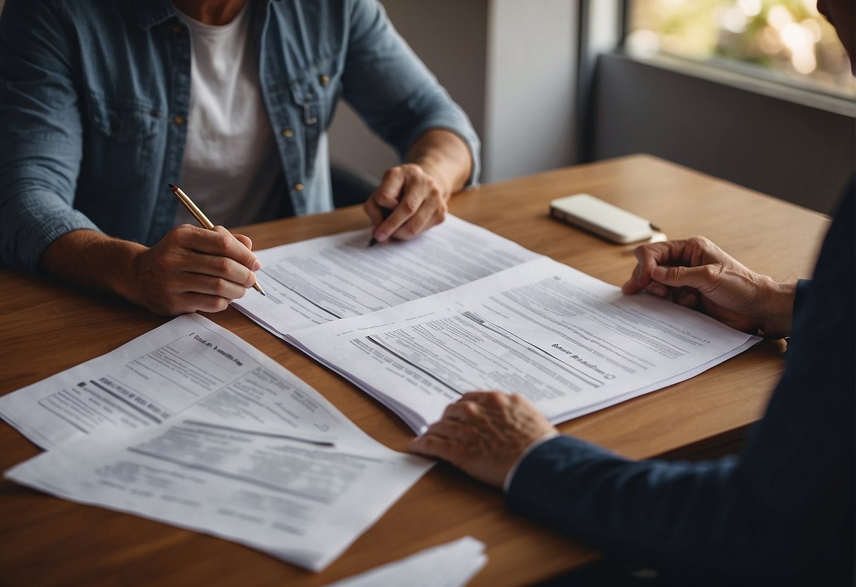 A couple reviews financial documents and a list of first home buyer grants in NSW, preparing for their home purchase