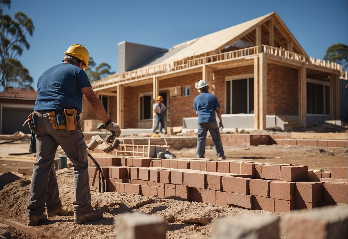 A new house being constructed with workers laying bricks, installing windows, and painting walls for first home buyers grant in NSW