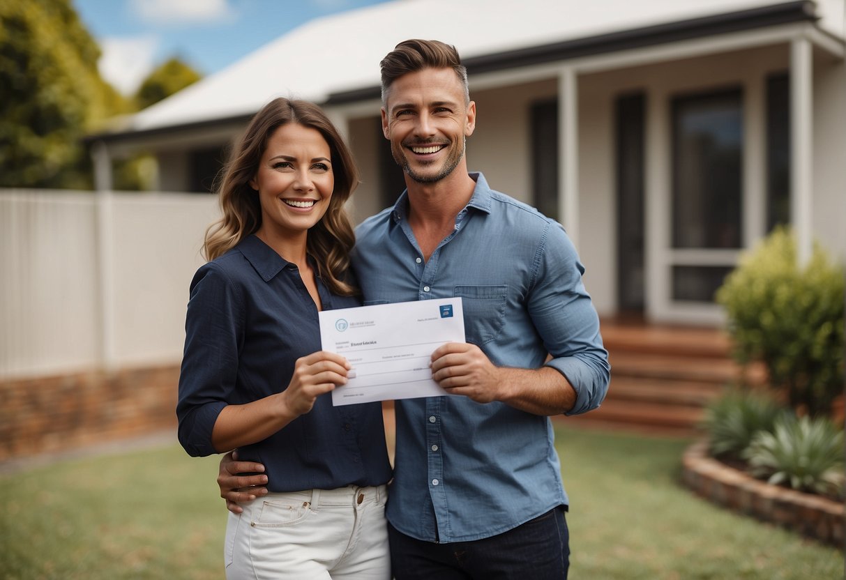 A happy couple receives the NSW First Home Buyers Grant. They are smiling and holding the grant letter with a house in the background