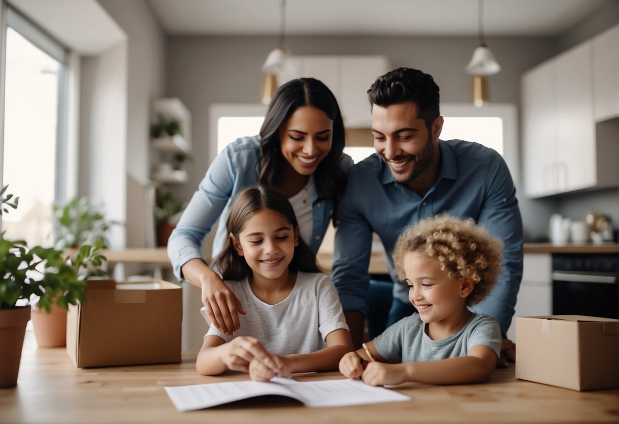 A family happily moves into their new home under a rent-to-buy scheme, signing paperwork with a real estate agent