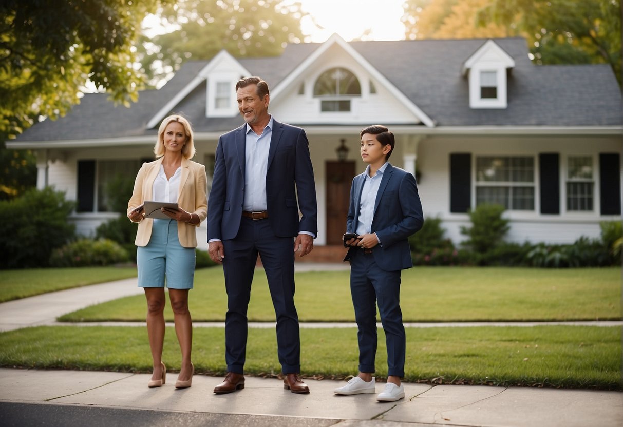 A family stands outside a house, weighing options. A scale shows pros and cons. A landlord and real estate agent look on
