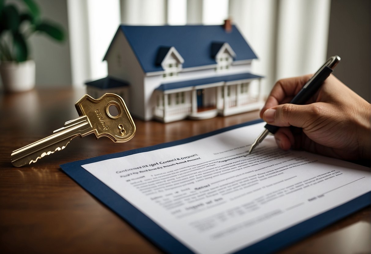 A contract being signed by a landlord and tenant, with a house key and rental agreement on the table