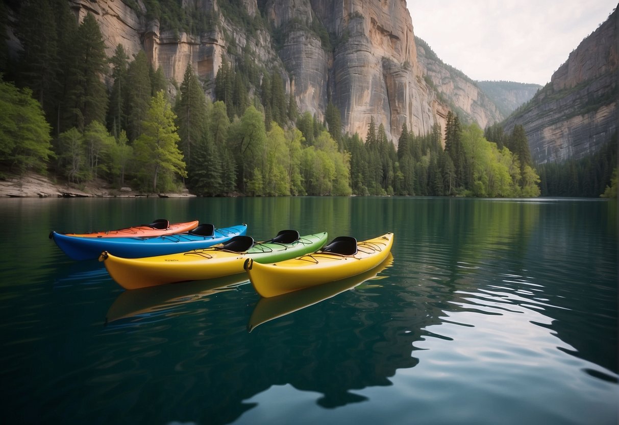 A group of colorful hoodoo kayaks glide through the calm waters of a serene lake, surrounded by towering cliffs and lush greenery