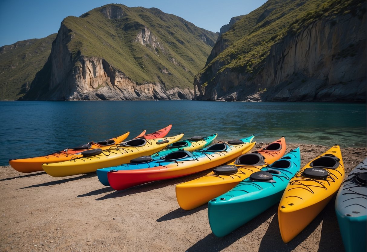 A group of colorful kayaks lined up on the shore, with a backdrop of towering cliffs and clear blue water