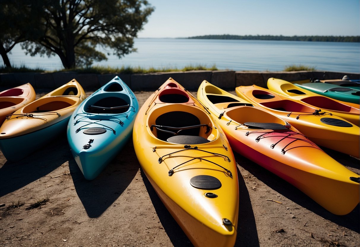 A group of sleek, colorful kayaks lined up on the shore, with the sun glistening off the smooth surface of the water
