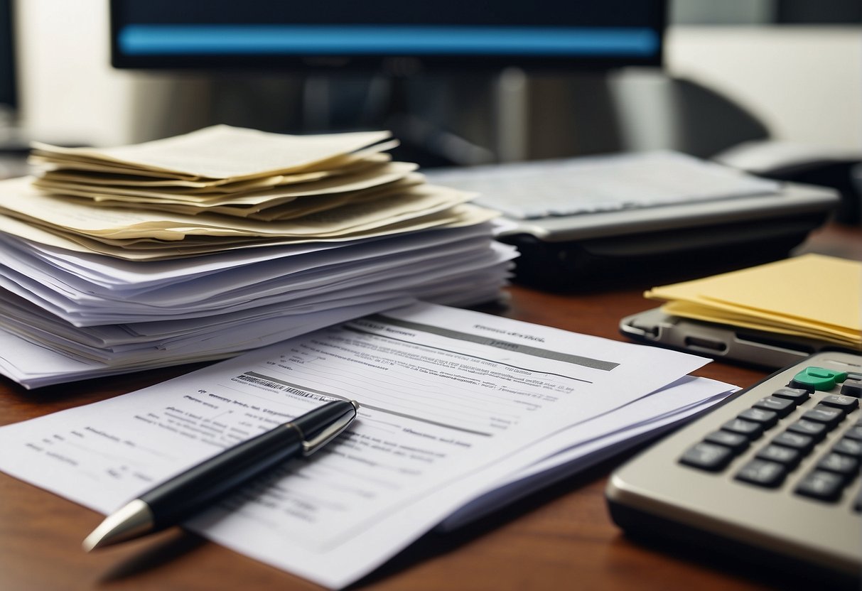 A stack of documents including ID, pay stubs, tax returns, and bank statements on a desk with a pen and a computer