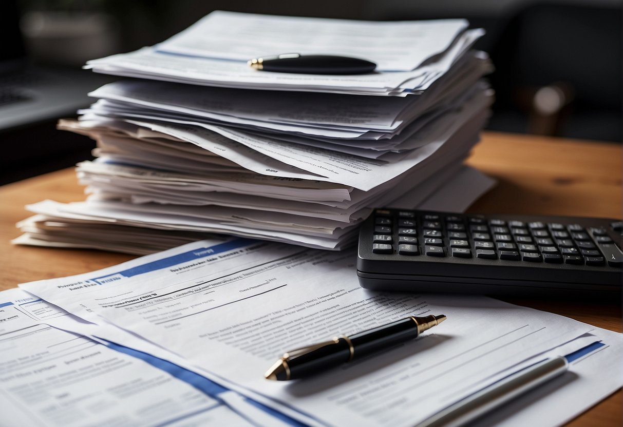 A stack of documents including pay stubs, tax returns, and bank statements laid out on a table, with a laptop open to a loan application form