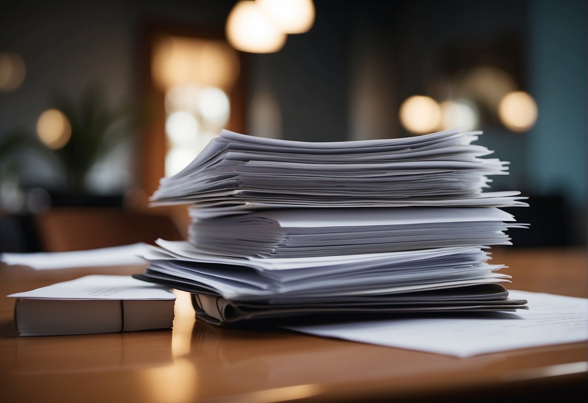A stack of documents including ID, income statements, and property details on a desk, ready for a loan application