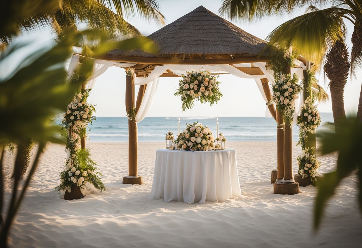 A beach with a gazebo adorned with flowers, overlooking the ocean. Tables set with elegant linens and place settings, surrounded by palm trees and twinkling lights. A wedding arch stands ready for the ceremony