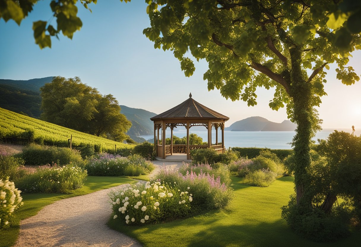 A serene beach with a clear blue sky, gentle waves, and a backdrop of lush greenery. A secluded garden with blooming flowers and a charming gazebo. A picturesque vineyard with rolling hills and a romantic sunset