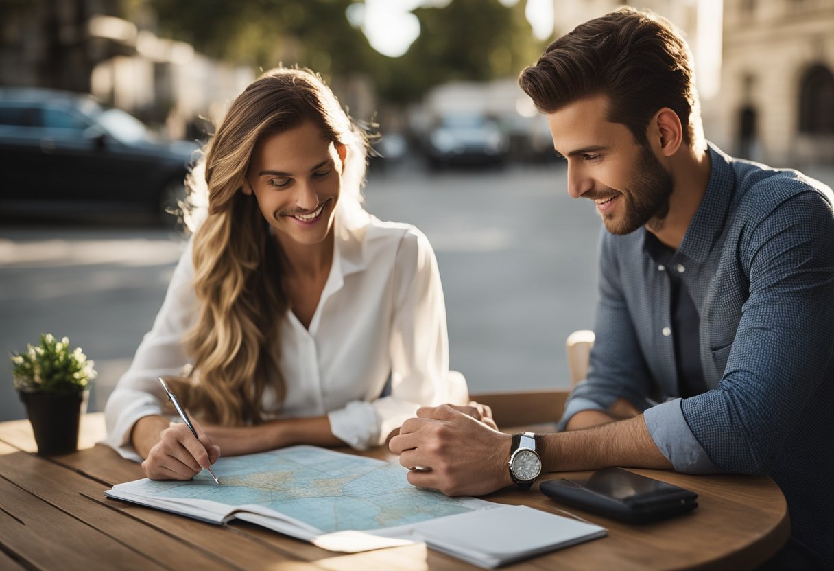 A couple sits at a table with a map and notebook, discussing potential vendors and services for their destination wedding. They consider factors such as location, budget, and reviews as they make their selections