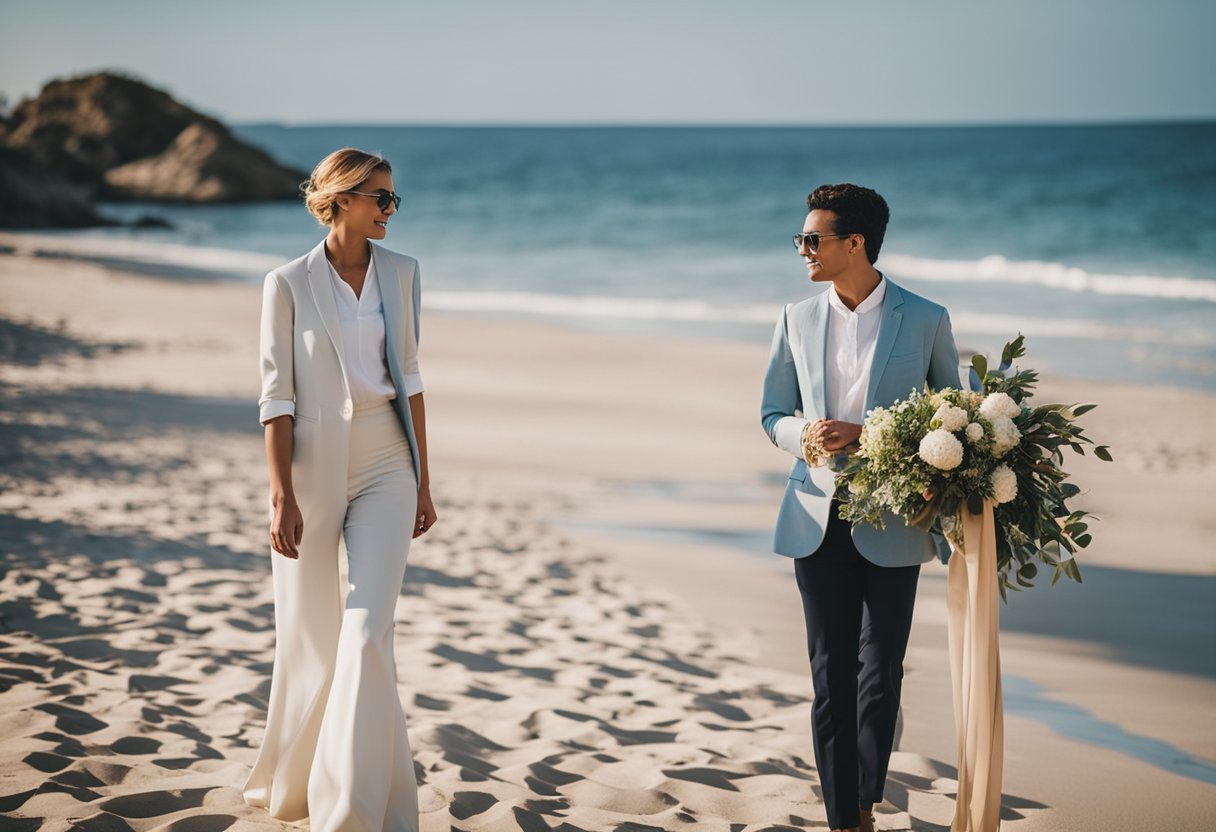 A picturesque beach setting with a wedding planner coordinating with vendors, ensuring smooth communication and logistics for a destination wedding