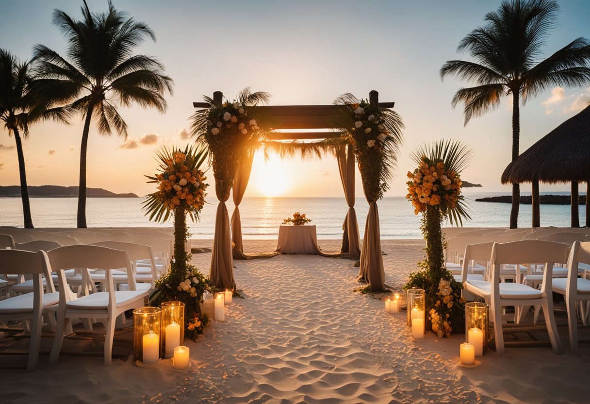 A beach setting with a gazebo adorned with tropical flowers and flowing fabric. Palm trees line the aisle leading to the ocean. A sunset casts a warm glow over the scene