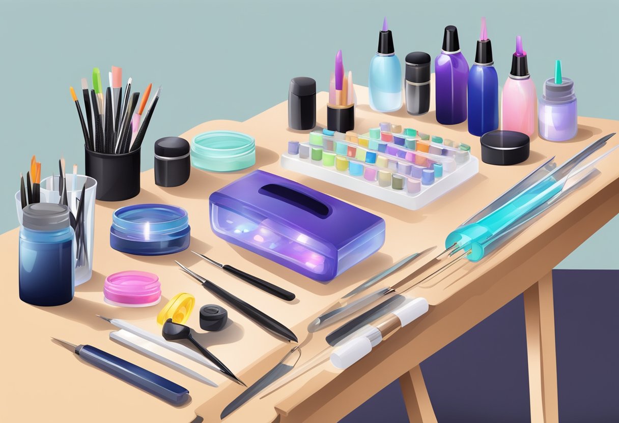 A table with nail supplies: polish, files, tips, glue, and a UV lamp for a nail extension course