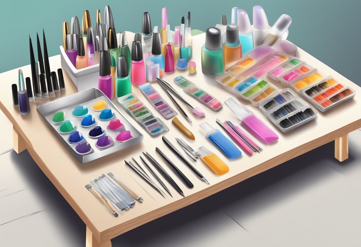 A table with various nail supplies, including nail tips, files, and nail glue, set up for a nail extension course