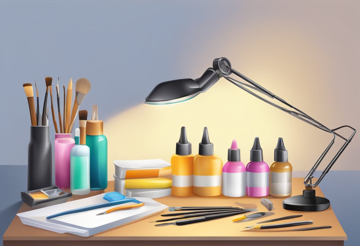 A table with nail supplies: files, buffers, gels, tips, and brushes. A lamp for curing. A comfortable chair and a clean, organized workspace