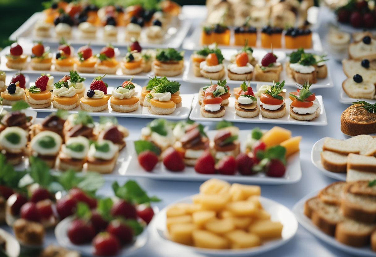 A buffet table with assorted finger foods and mini sandwiches, surrounded by tables and chairs for 80 guests at a wedding reception