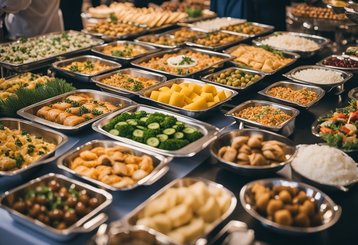 A buffet table filled with a variety of affordable and creative wedding reception food options for 80 guests. Dishes are colorful and appetizing, showcasing a mix of cuisines and flavors