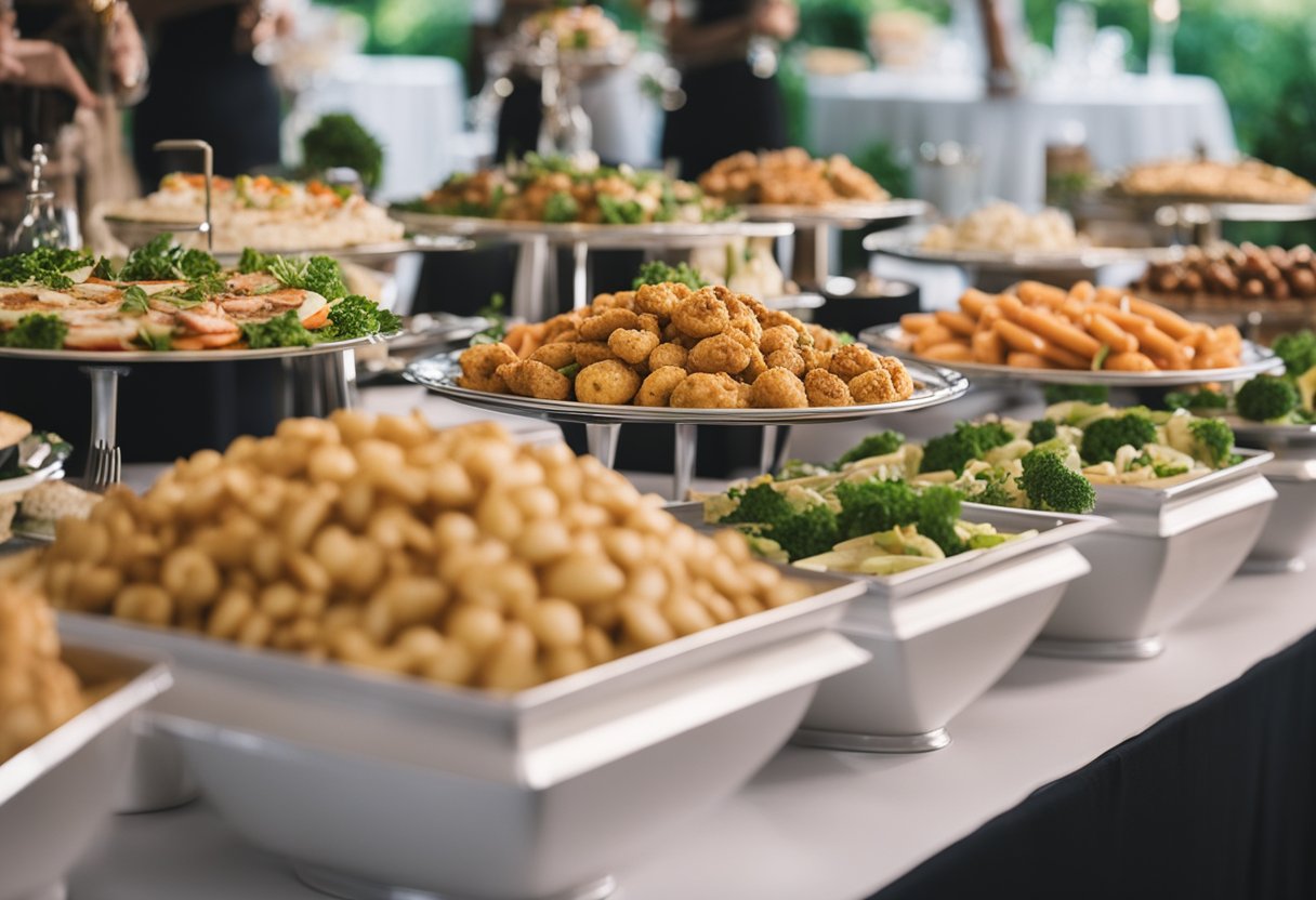 A buffet table with a variety of affordable food options for 80 guests at a wedding reception