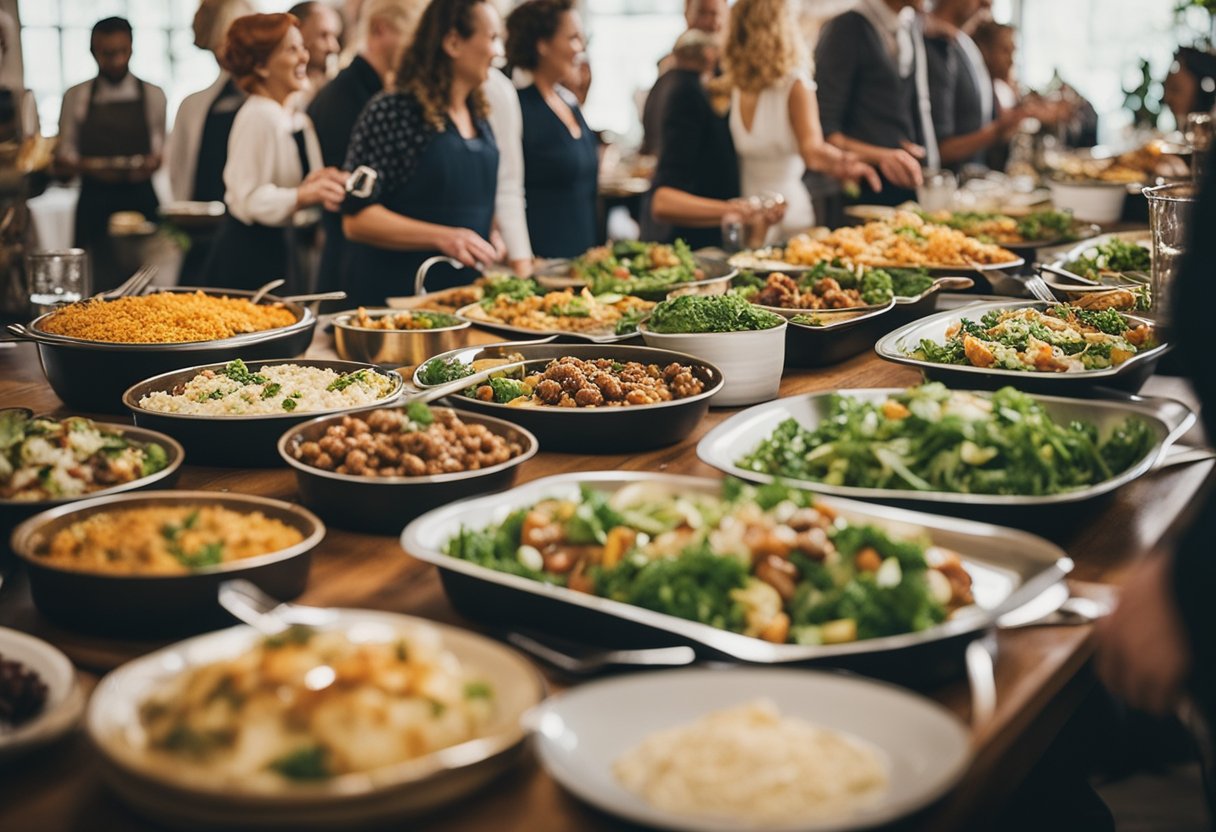 A long table filled with a variety of homemade dishes, from salads to casseroles, surrounded by happy guests enjoying a budget-friendly catered potluck wedding reception for 80 people