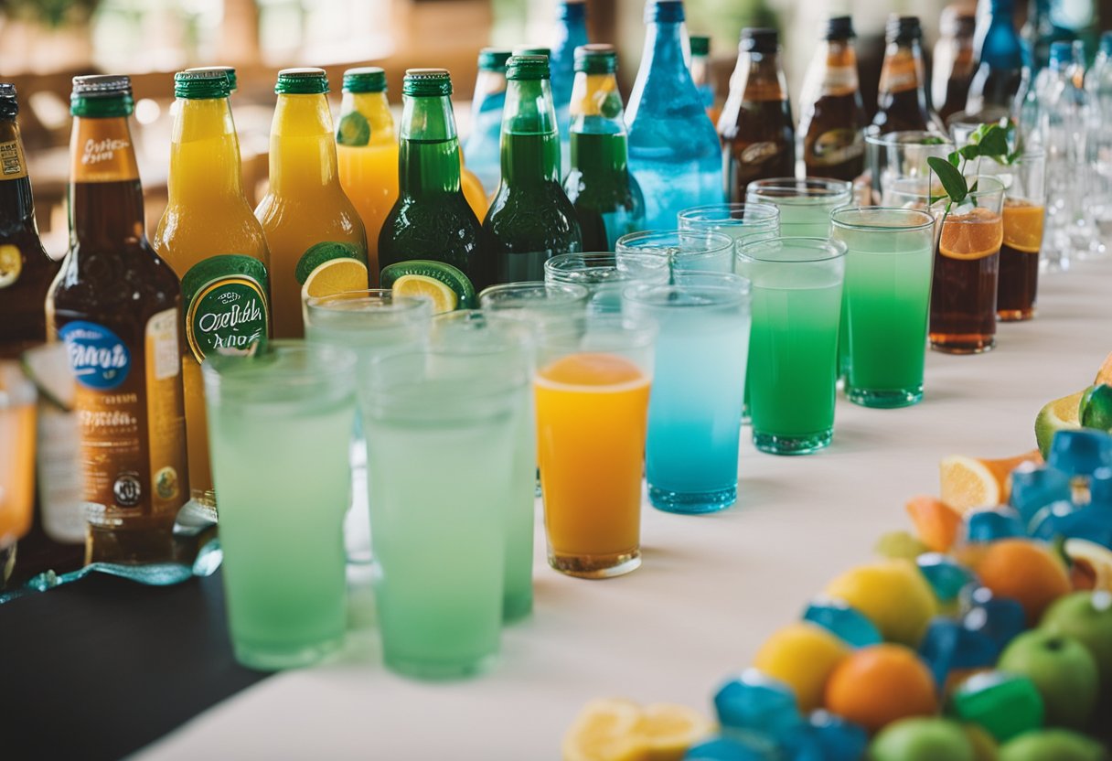 Various drink options displayed on a budget-friendly table for 80 wedding guests. Juice, soda, and water bottles are neatly arranged with colorful labels