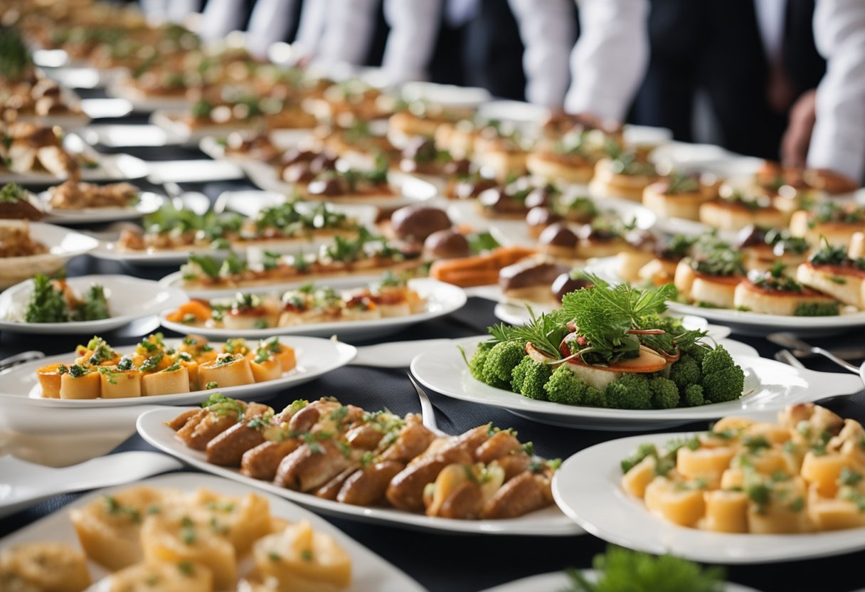 An array of budget-friendly dishes laid out on long tables for 80 guests at a wedding reception. Plates of appetizers, entrees, and desserts are neatly presented with decorative garnishes